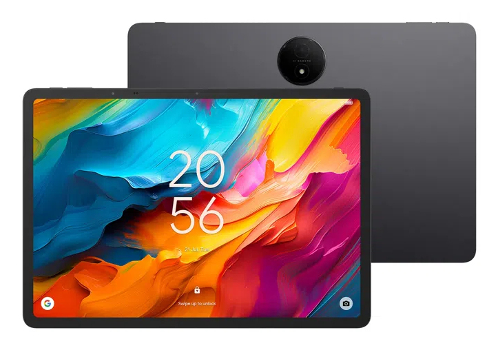 Een grijze tablet toont een kleurrijke abstracte achtergrond, met zowel voor- als achteraanzicht zichtbaar.
