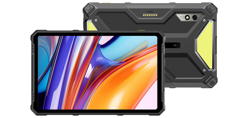 Ein robustes Tablet mit schwarzem Gehäuse zeigt vorne ein buntes Display und hinten die Kamera sowie gelbe Akzente.