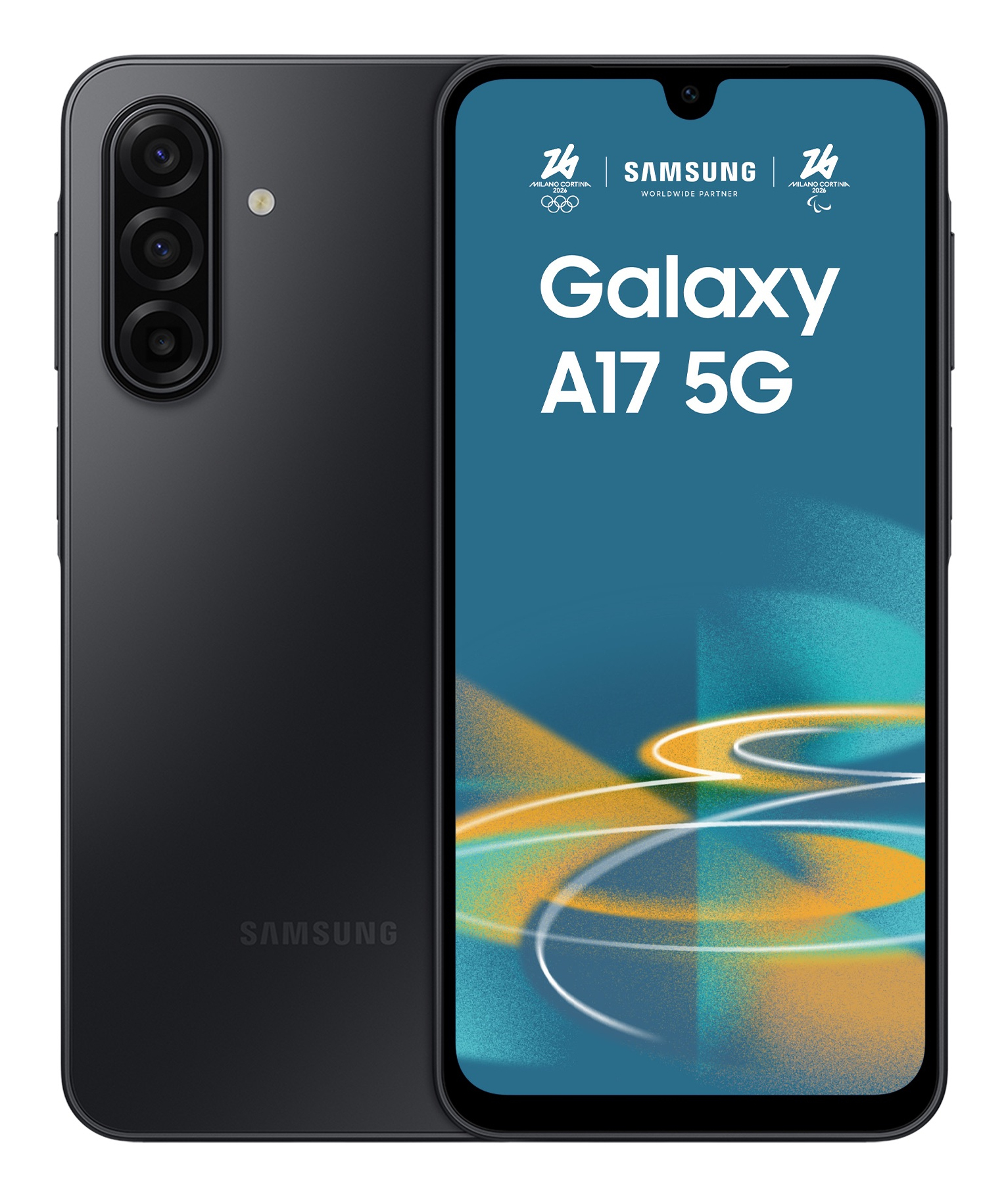 Front- und Rückansicht des schwarzen Samsung Galaxy A17 5G Smartphones auf weißem Hintergrund.