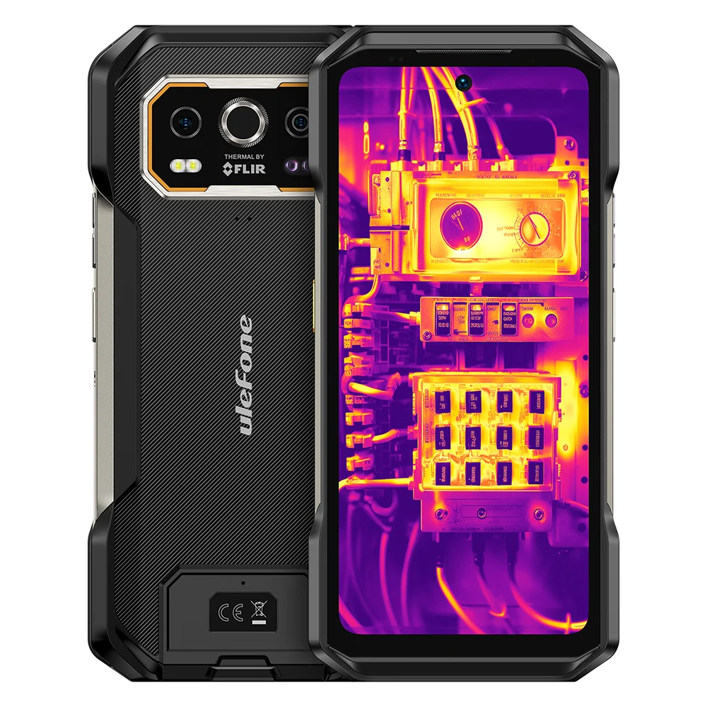 Smartphone resistente Ulefone con pantalla térmica frontal y parte trasera texturizada con módulo térmico FLIR.