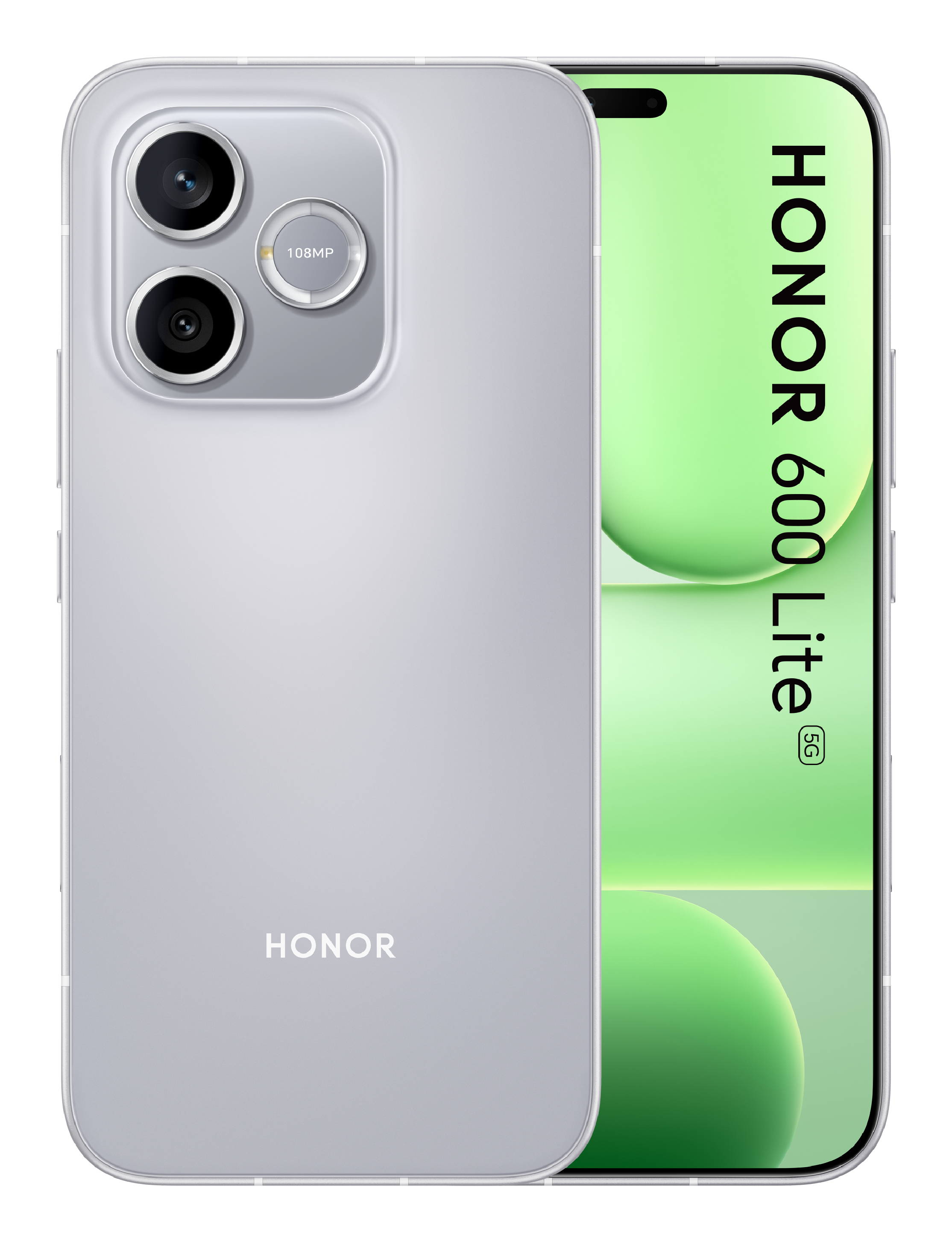 Zwei Honor 600 Lite 5G Handys, eines mit silberner Rückseite und Dual-Kamera, das andere mit grünem Bildschirm.