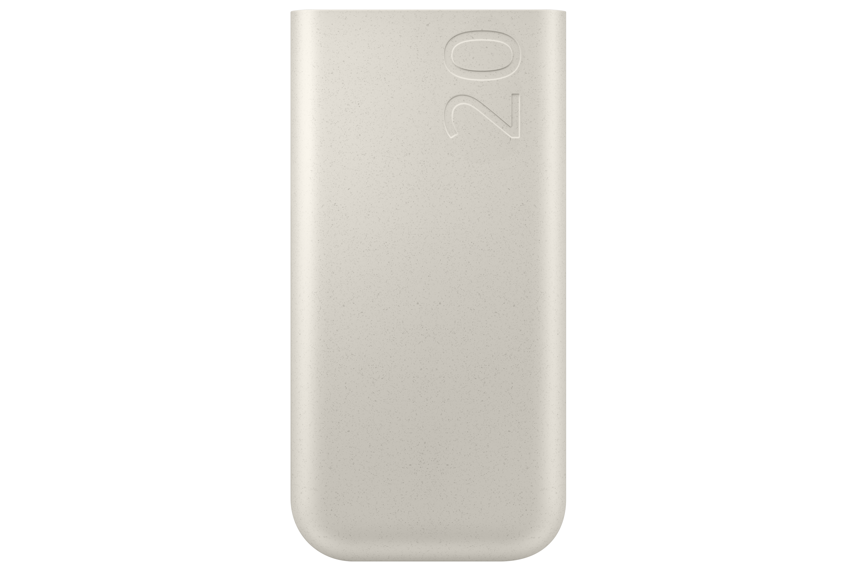 Beżowy powerbank z zaokrąglonymi rogami i wytłoczonym tekstem „20” u góry na białym tle.