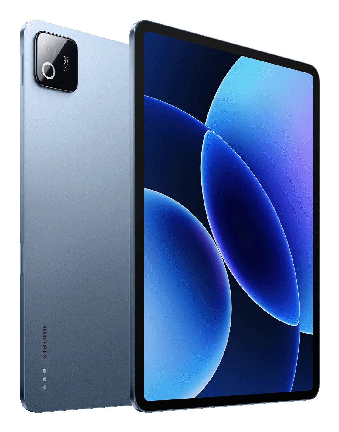 Vista anteriore e posteriore di un tablet Xiaomi blu che mostra il modulo fotocamera e un vivace sfondo astratto.