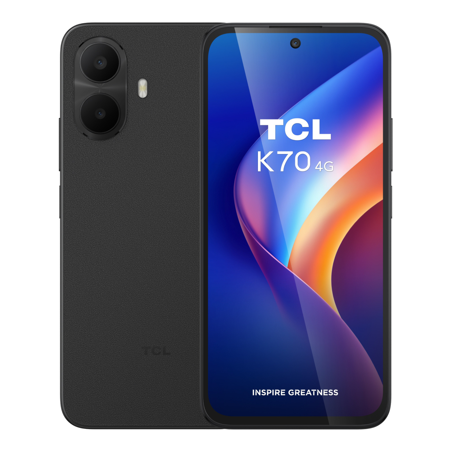 Czarny smartfon TCL K70 4G z widocznym przodem i tyłem, podwójnym aparatem i kolorowym ekranem.