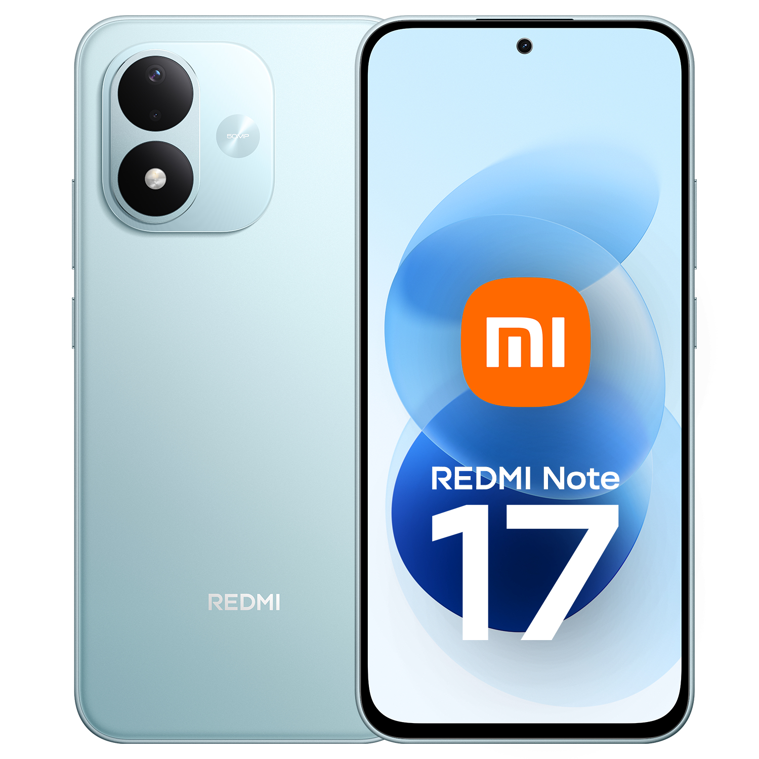 Hellblaues Redmi Note 17 Smartphone mit Kamera auf der Rückseite und Xiaomi-Logo auf dem Bildschirm.
