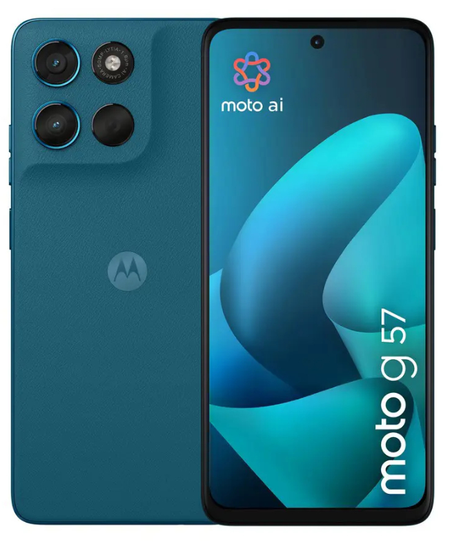 Vista frontal y trasera del smartphone azul Motorola G 57 con logo de moto ai.