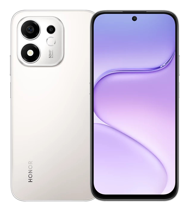 Smartphone blanco con pantalla frontal de ondas púrpuras y trasera con doble cámara y logotipo de Honor.