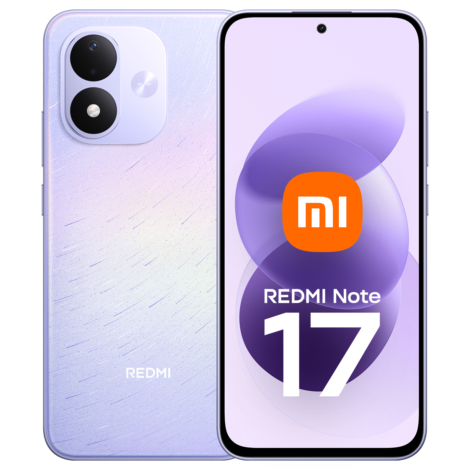 Un smartphone Redmi Note 17 morado, mostrando parte delantera y trasera, con logotipo de Xiaomi en pantalla.