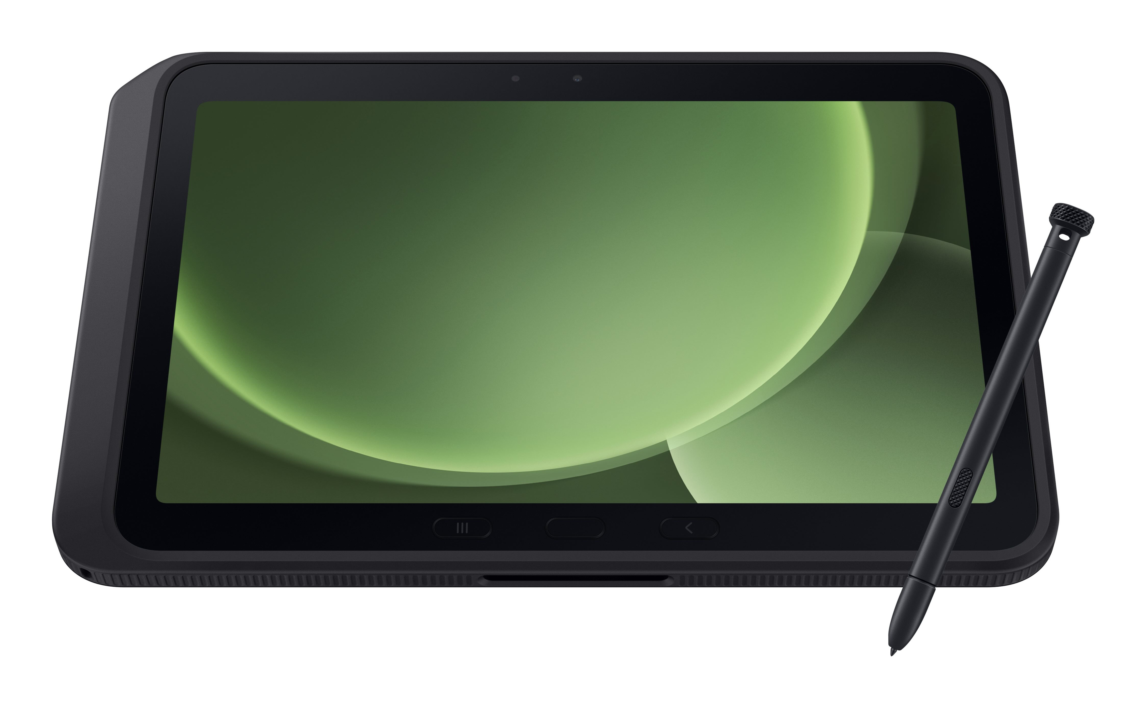 Une tablette noire avec un fond d'écran abstrait vert et un stylet assorti à droite.