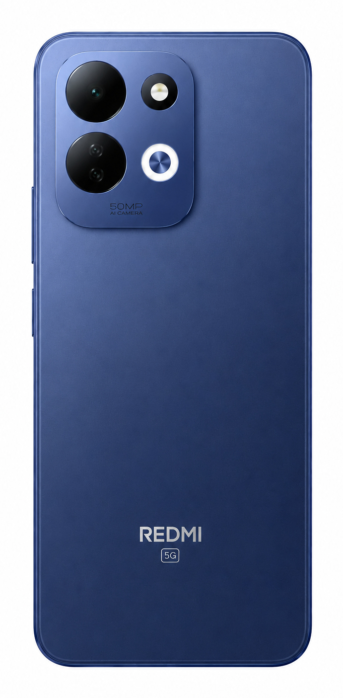 Parte trasera de un smartphone Redmi 5G azul con un módulo de cámara cuadrado que incluye dos lentes grandes y dos círculos pequeños.