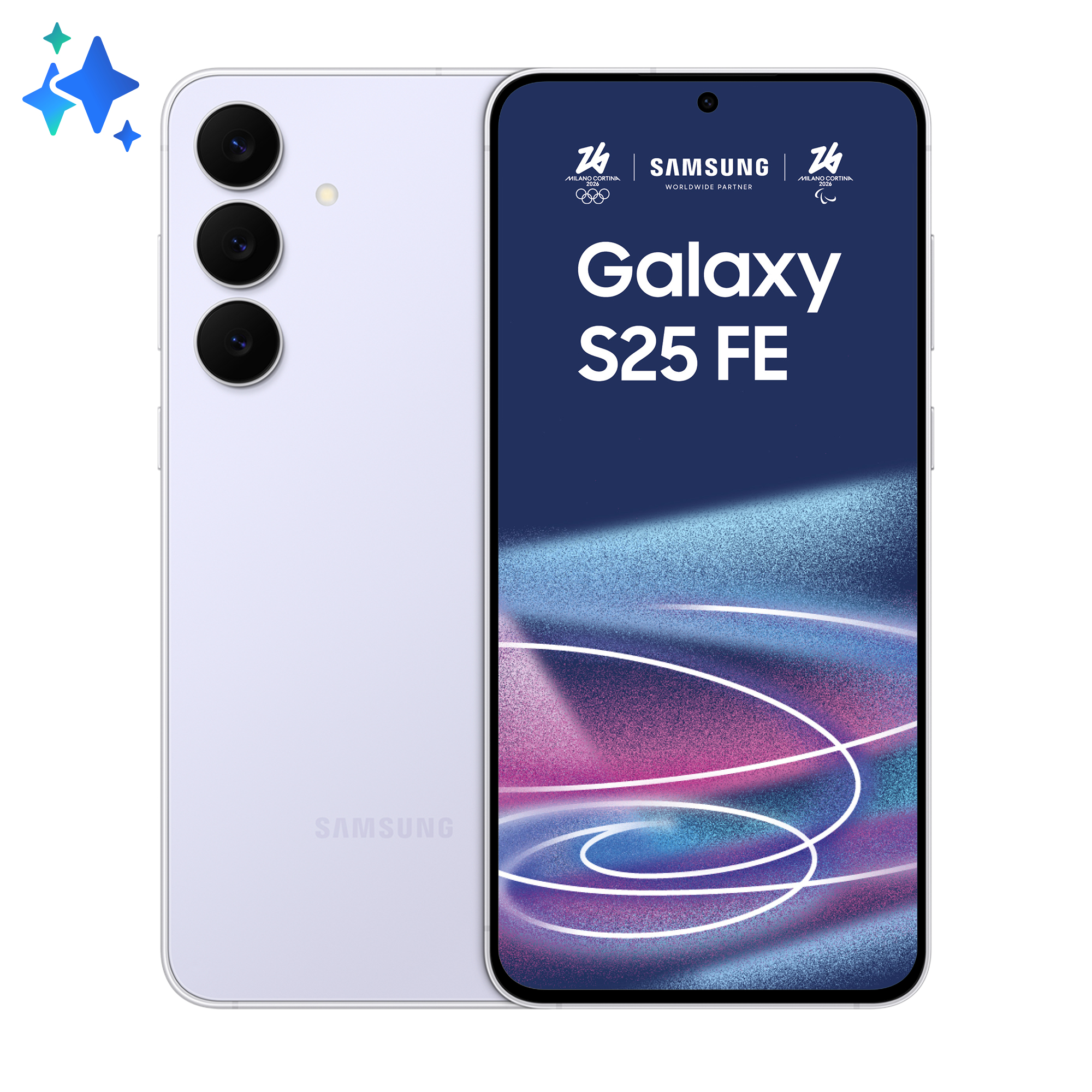Widok z przodu i z tyłu jasno fioletowego Samsunga Galaxy S25 FE z trzema aparatami.