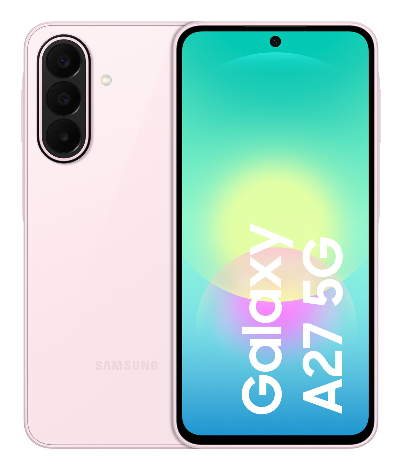 Uno smartphone rosa Samsung Galaxy A27 5G con tripla fotocamera.