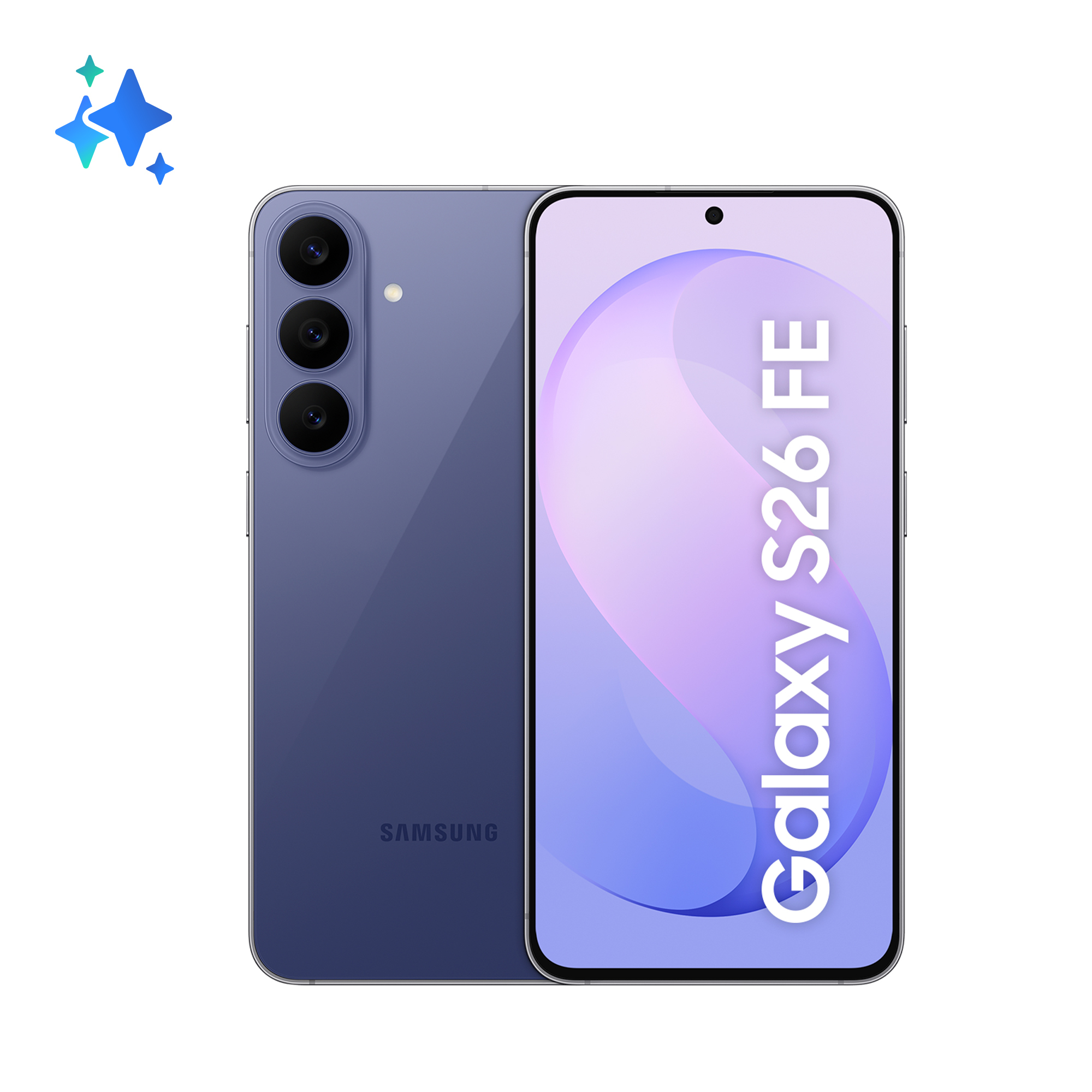 Vista anteriore e posteriore di uno smartphone Galaxy S26 FE blu su sfondo bianco.