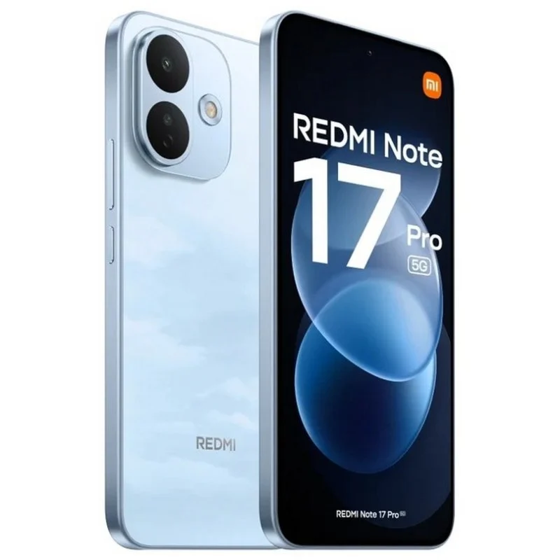 Smartphone Redmi Note 17 Pro 5G azzurro con schermo frontale e modulo fotocamera posteriore su sfondo bianco.