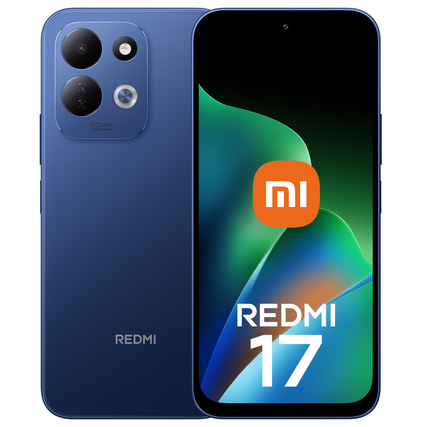 Blaue Rückseite eines Redmi-Smartphones mit Doppel-Kamera und Vorderseite mit rotem Xiaomi-Logo und Aufschrift Redmi 17.