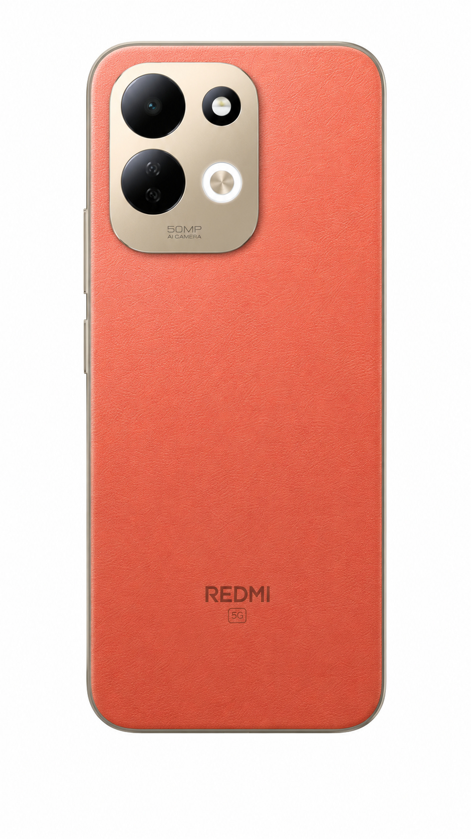 Tył pomarańczowego smartfona Redmi 5G z kwadratowym modułem aparatu w lewym górnym rogu i logo Redmi.
