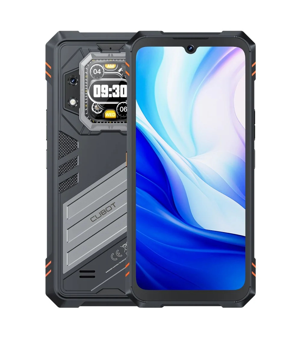 Rück- und Vorderseite eines schwarzen Cubot-Smartphones mit robustem Gehäuse und blauem Display.
