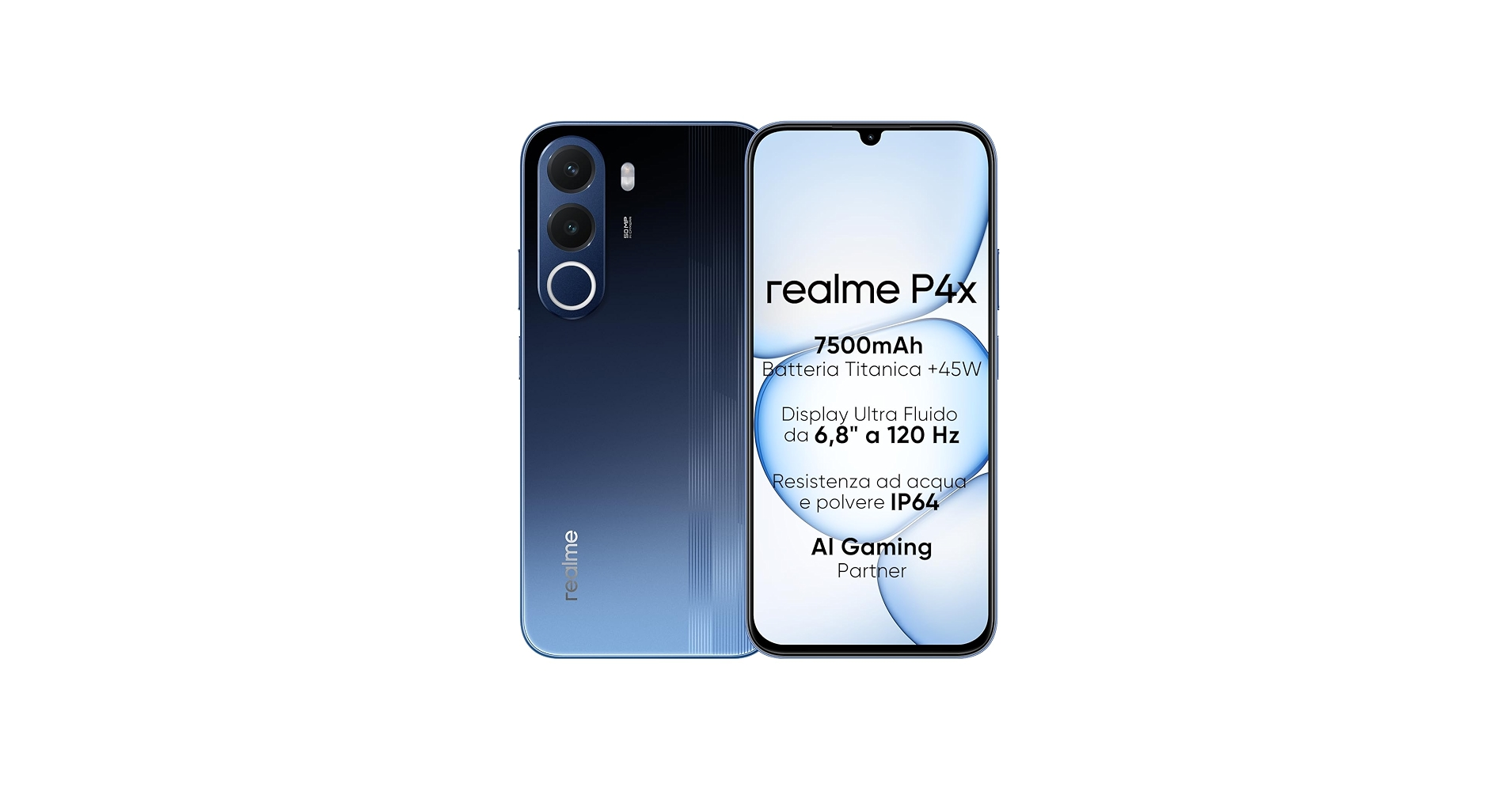 Smartphones Realme P4x azules que muestran la parte delantera y trasera con especificaciones.