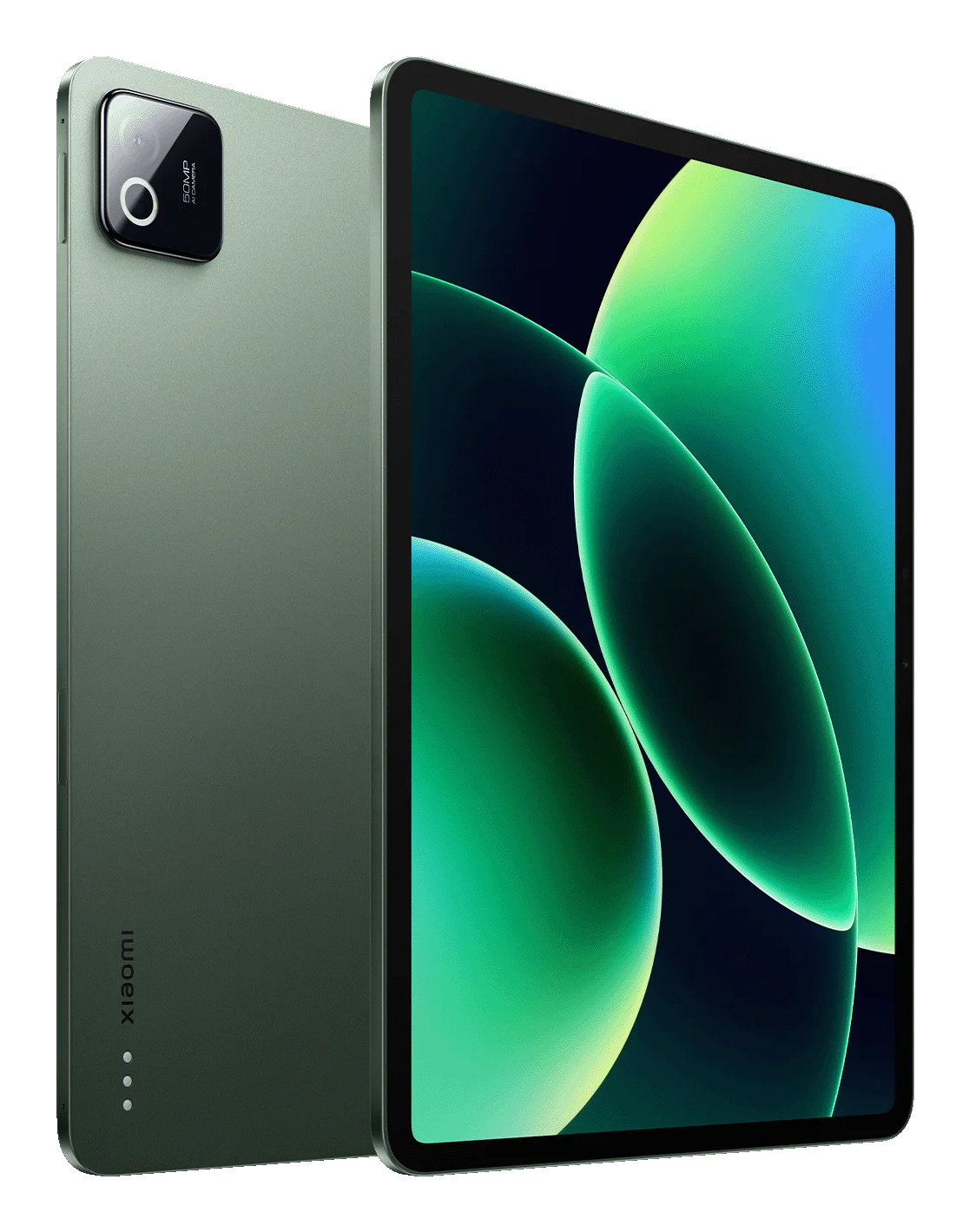 Tablet Xiaomi verde con pantalla frontal y camara trasera.