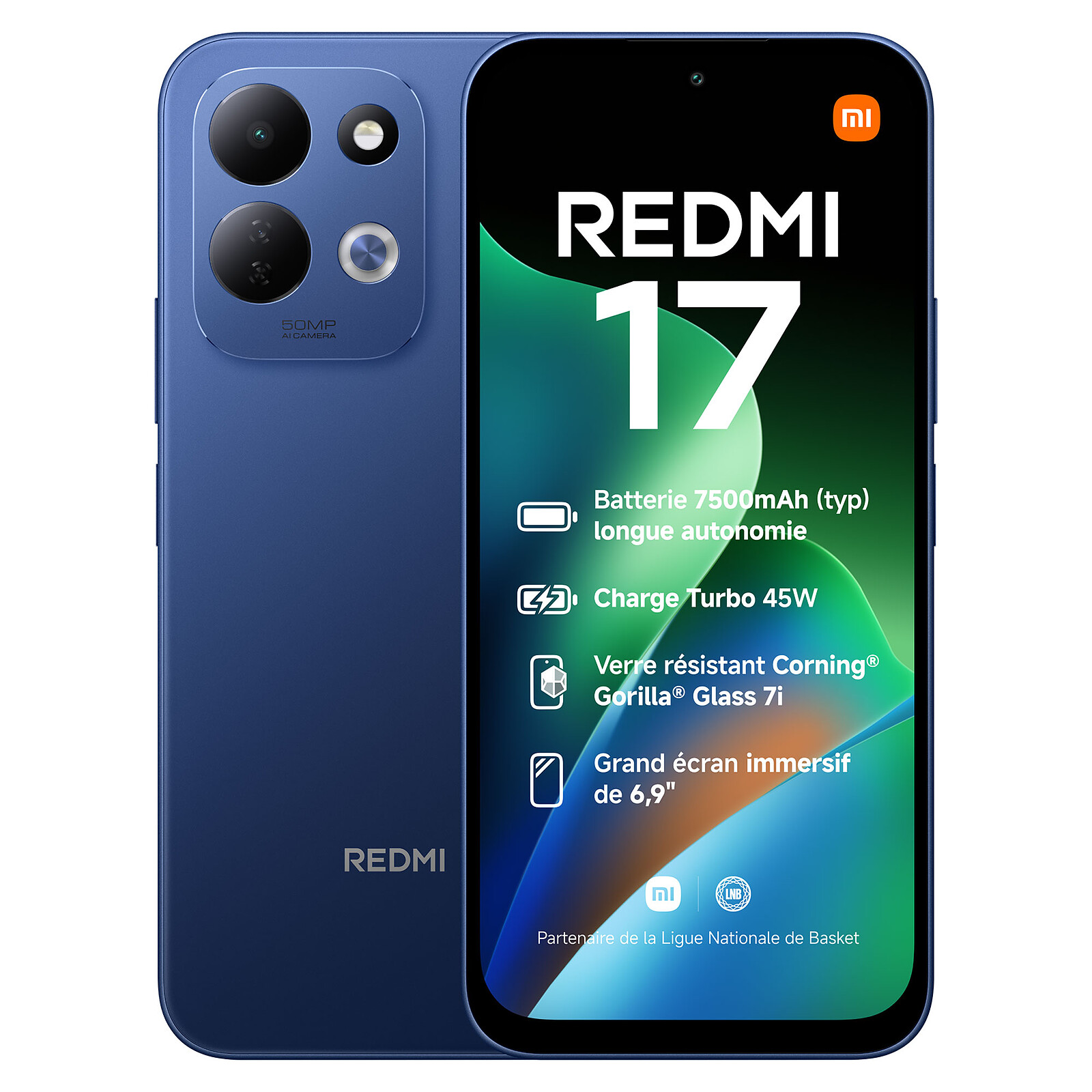 Vista anteriore e posteriore blu dello smartphone Redmi 17 con specifiche.