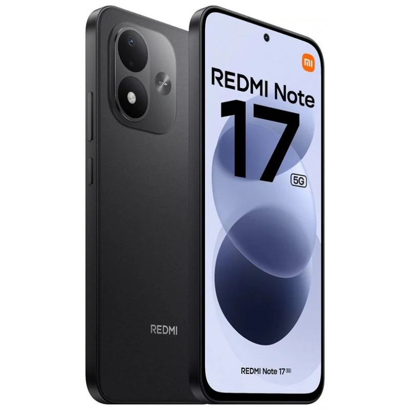 Deux smartphones noirs Redmi Note 17 5G montrés de face et de dos sur fond blanc.