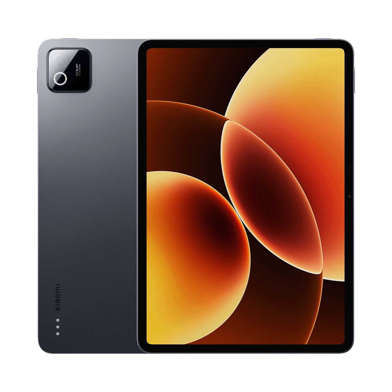Vista anteriore e posteriore di un tablet Xiaomi grigio con fotocamera rotonda e sfondo colorato sullo schermo.