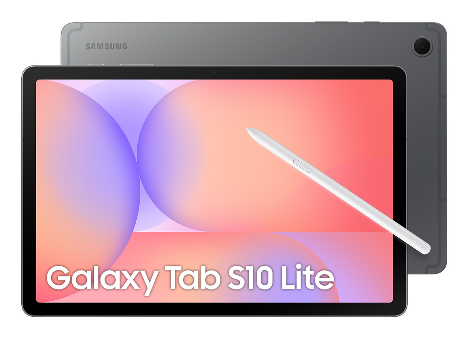 Graues Samsung Galaxy Tab S10 Lite mit Stift auf dem bunten Bildschirm.