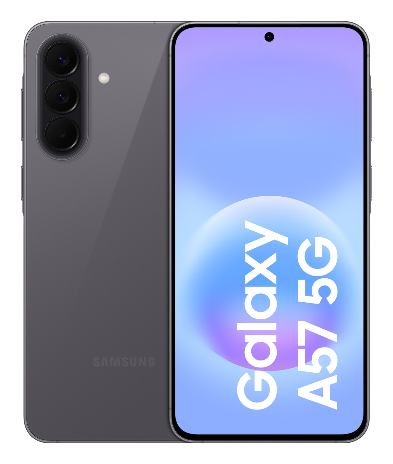 Vues avant et arrière d'un smartphone gris Samsung Galaxy A57 5G avec trois appareils photo.