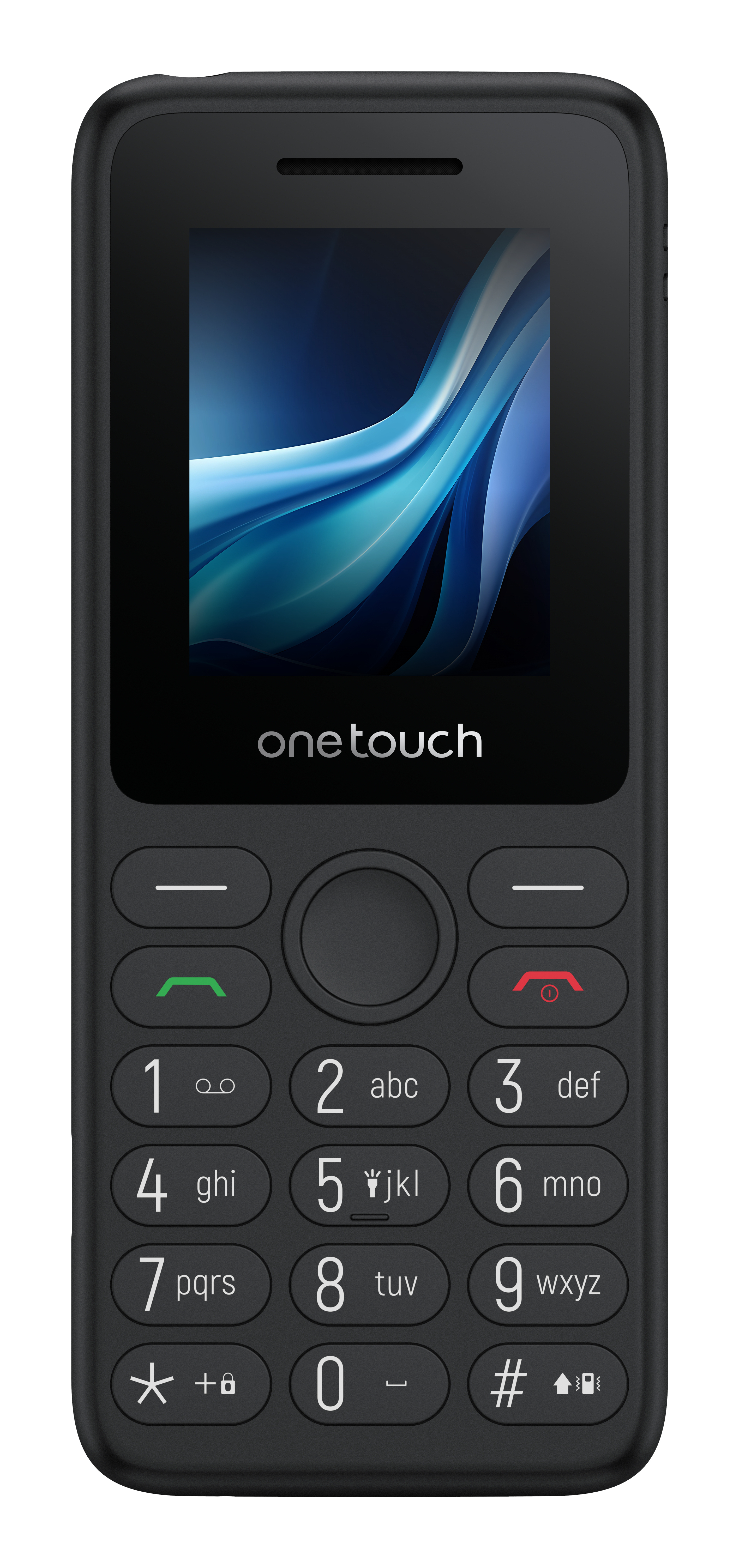 Un telefono cellulare One Touch nero con sfondo blu ondulato e tastiera fisica.