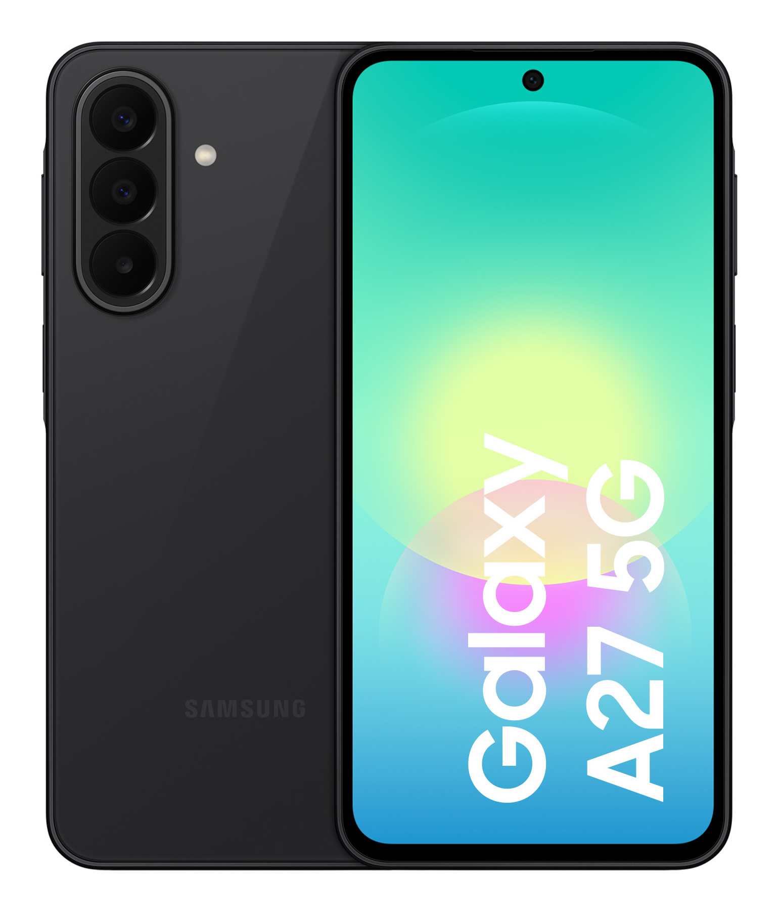 Smartphone nero Samsung Galaxy A27 5G con vista frontale e posteriore.