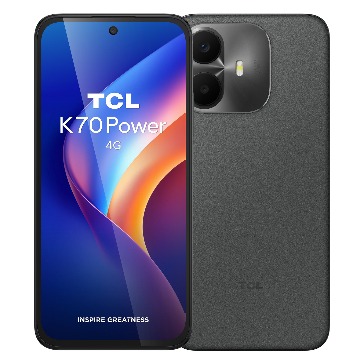 TCL K70 Power 4G-smartphone met voorscherm met abstract behang en getextureerde grijze achterkant.