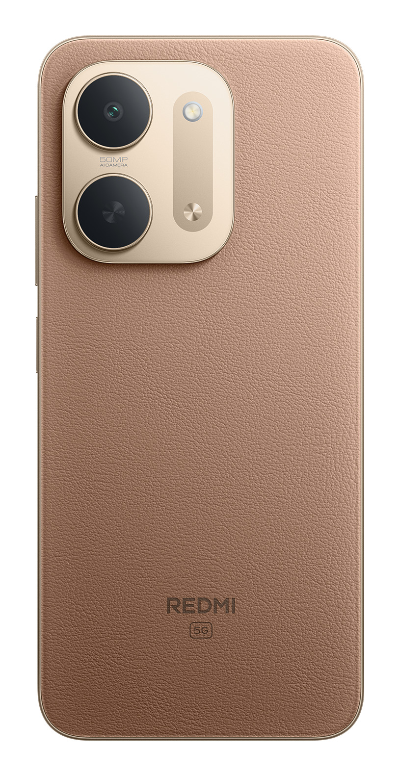 Retro di uno smartphone Redmi 5G marrone con doppia fotocamera e modulo dorato.