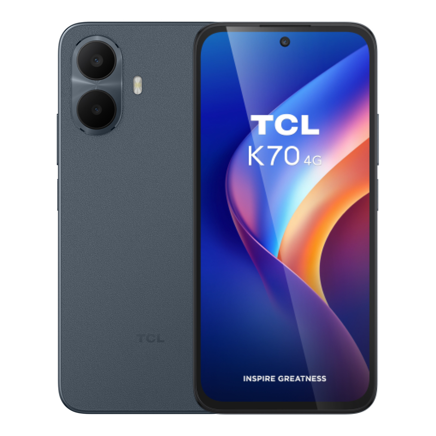 TCL K70 4G smartphone met donkere getextureerde achterkant, dubbele camera's en kleurrijk scherm.