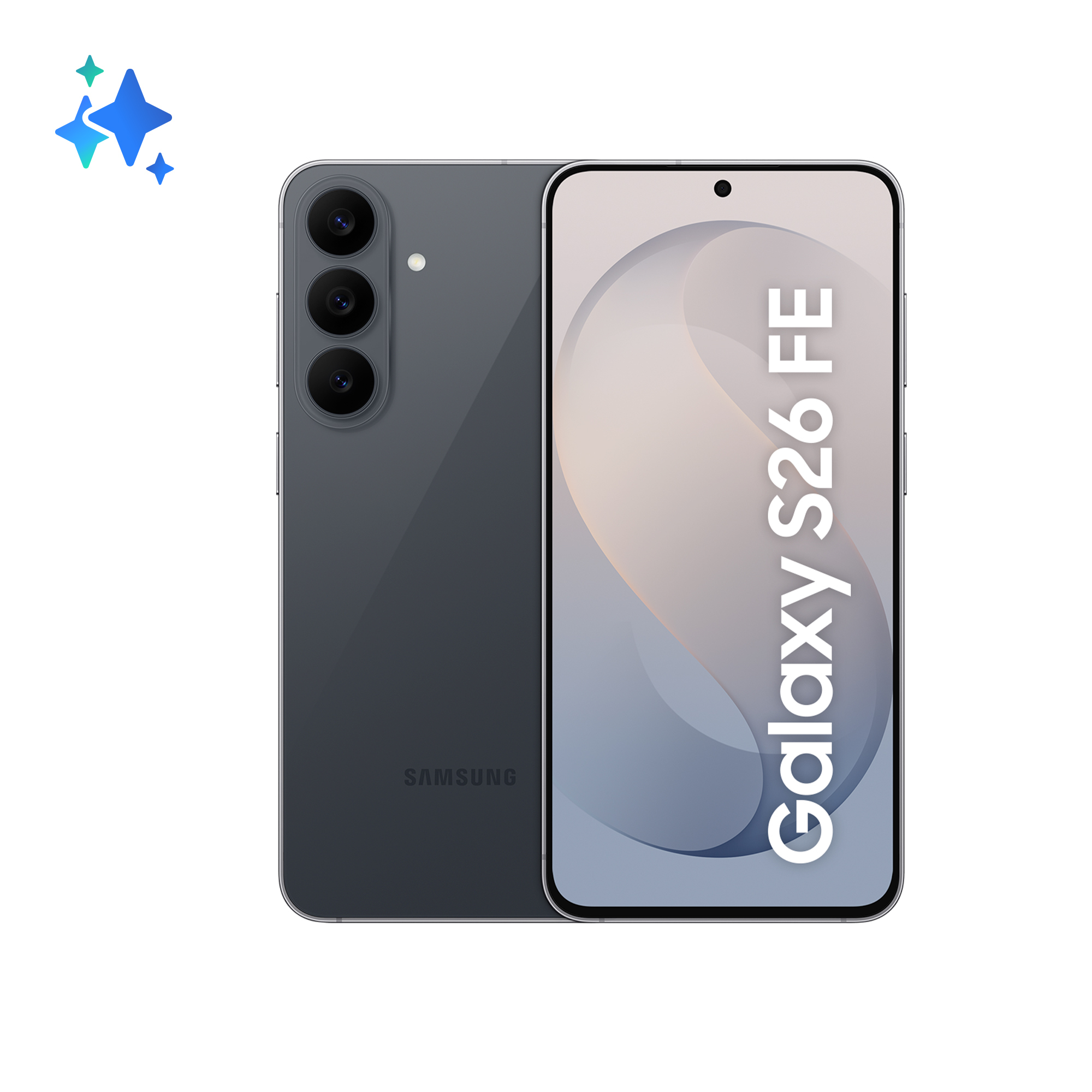 Zwei dunkelgraue Smartphones, eines zeigt den Frontbildschirm mit Galaxy S26 FE, das andere drei Rückkameras.
