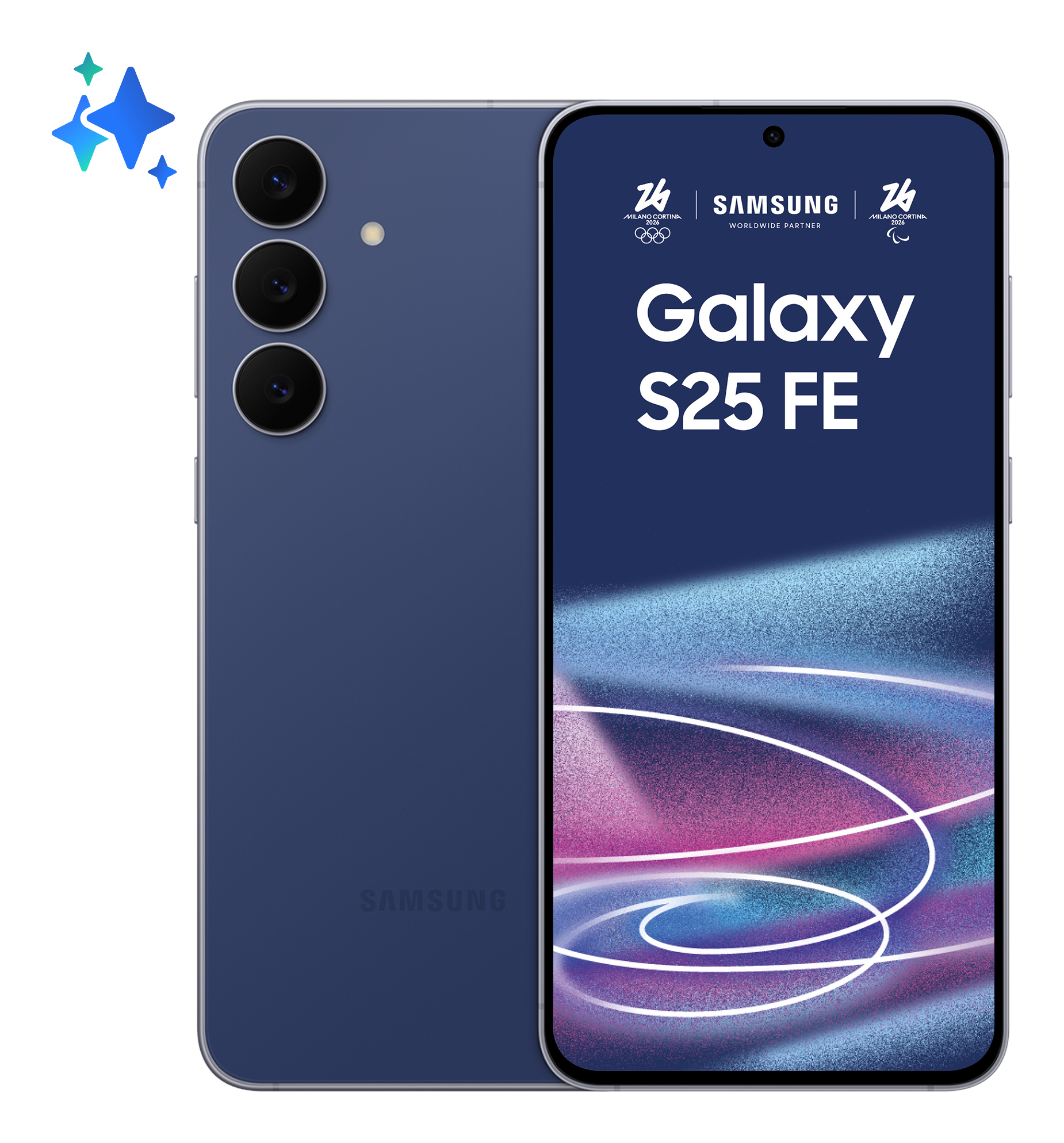 Galaxy S25 FE in Blau, gezeigt von vorne und hinten, mit Samsung- und Olympia-Logo auf dem Bildschirm.