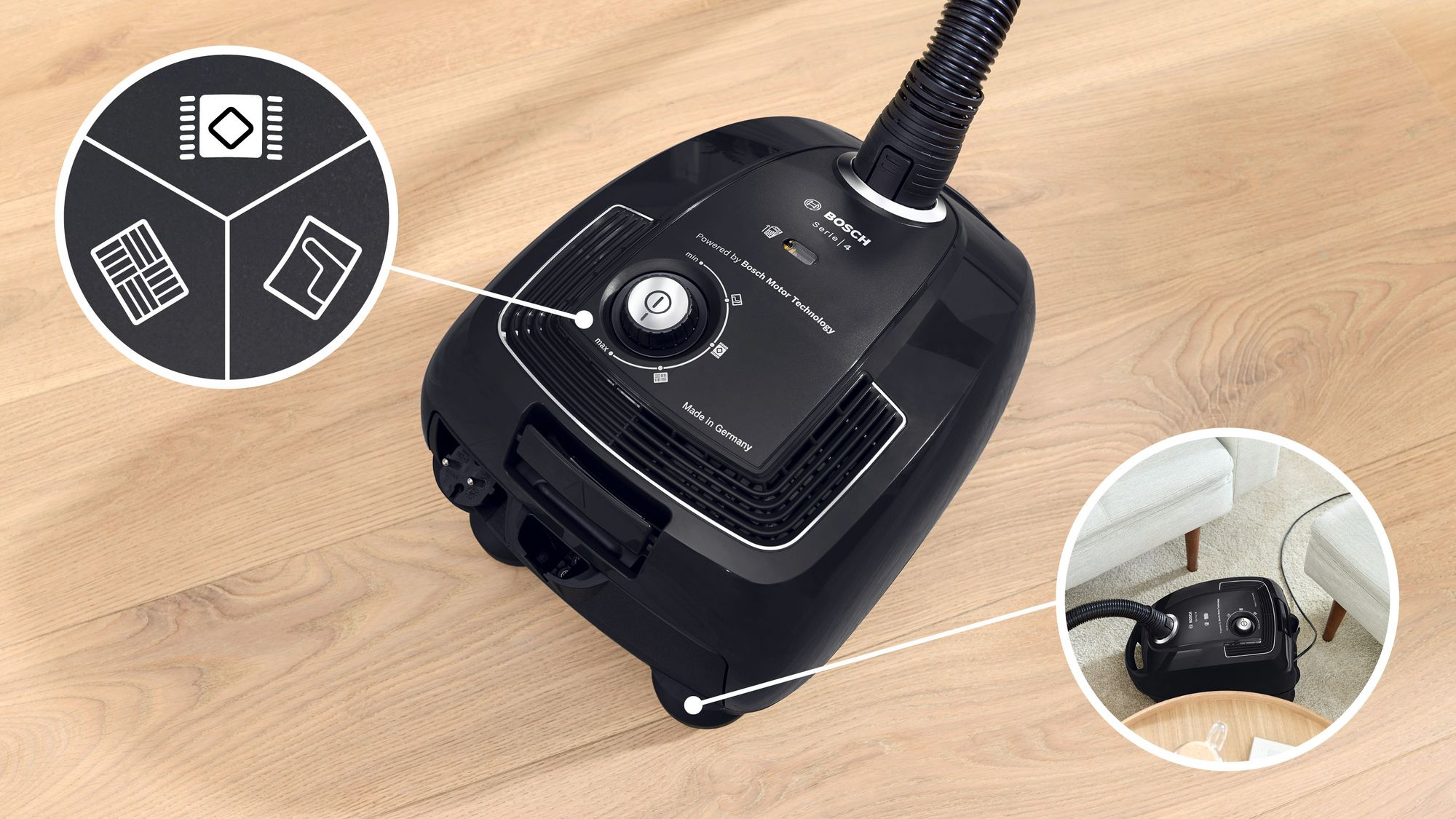 Una aspiradora Bosch negra en suelo de madera con gráficos de funciones.