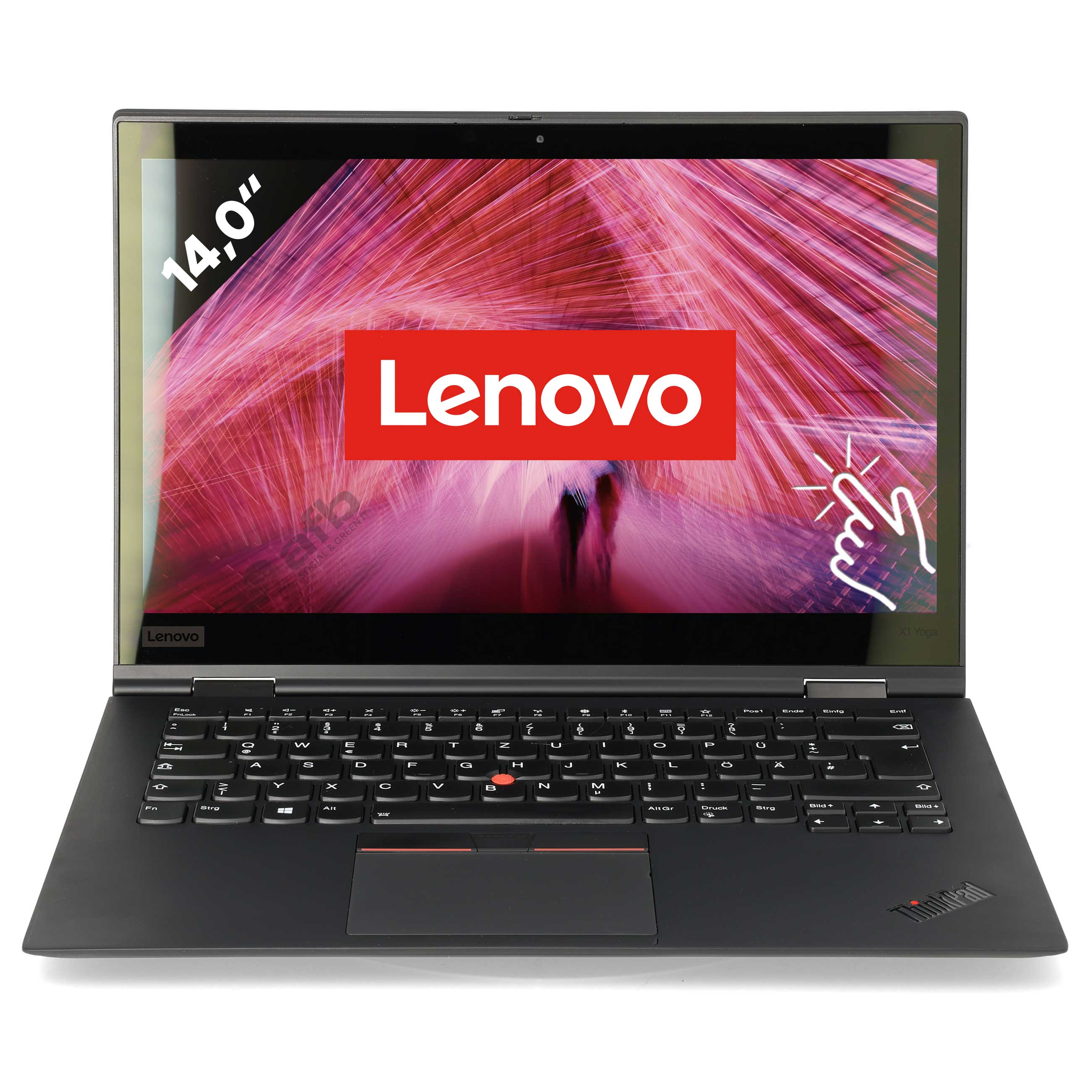 Lenovo Laptop mit 14,0 Zoll Display, schwarzer Tastatur und rotem Lenovo Logo auf rosa Hintergrund.