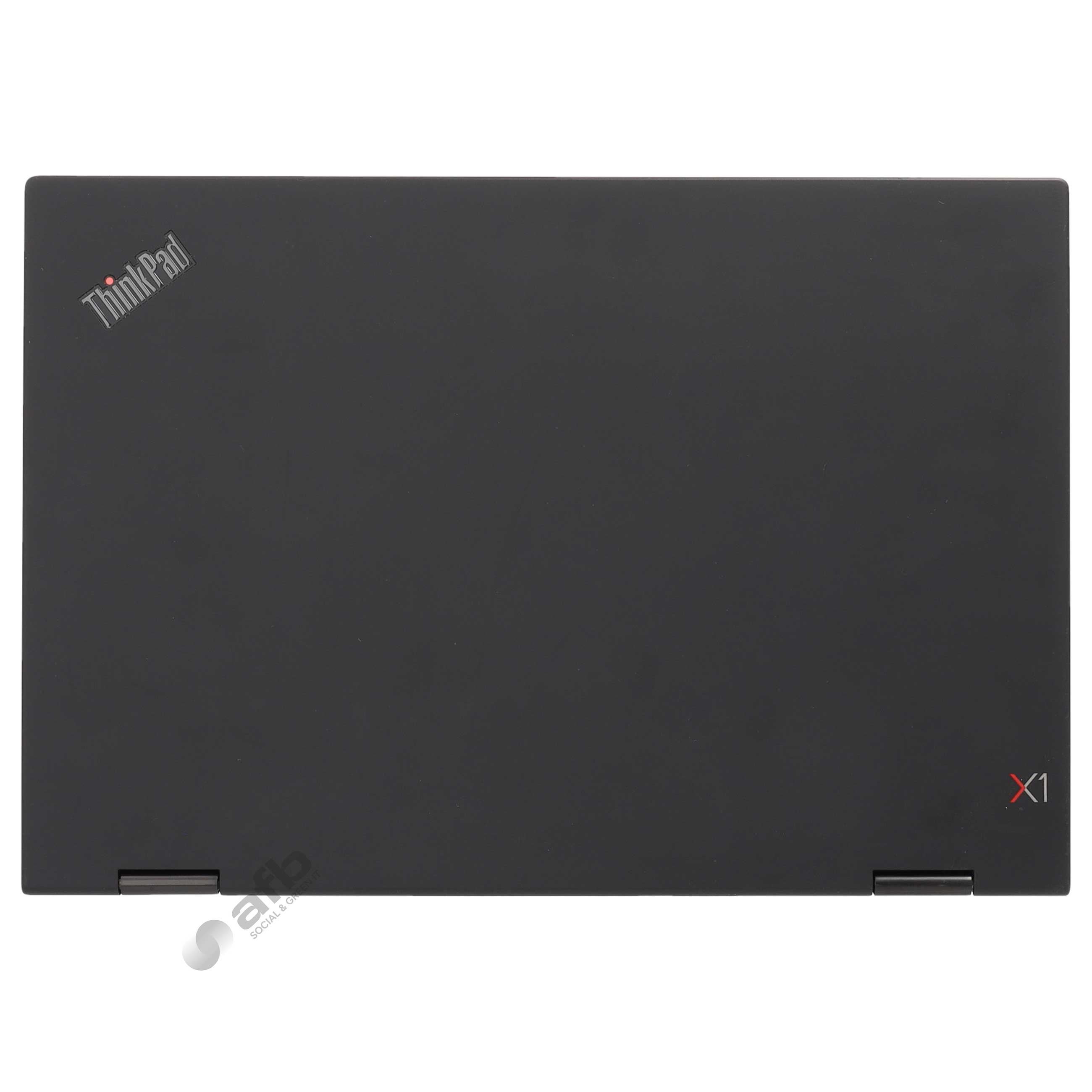 Geschlossener schwarzer Lenovo ThinkPad X1 Laptop von oben mit Firmenlogo.