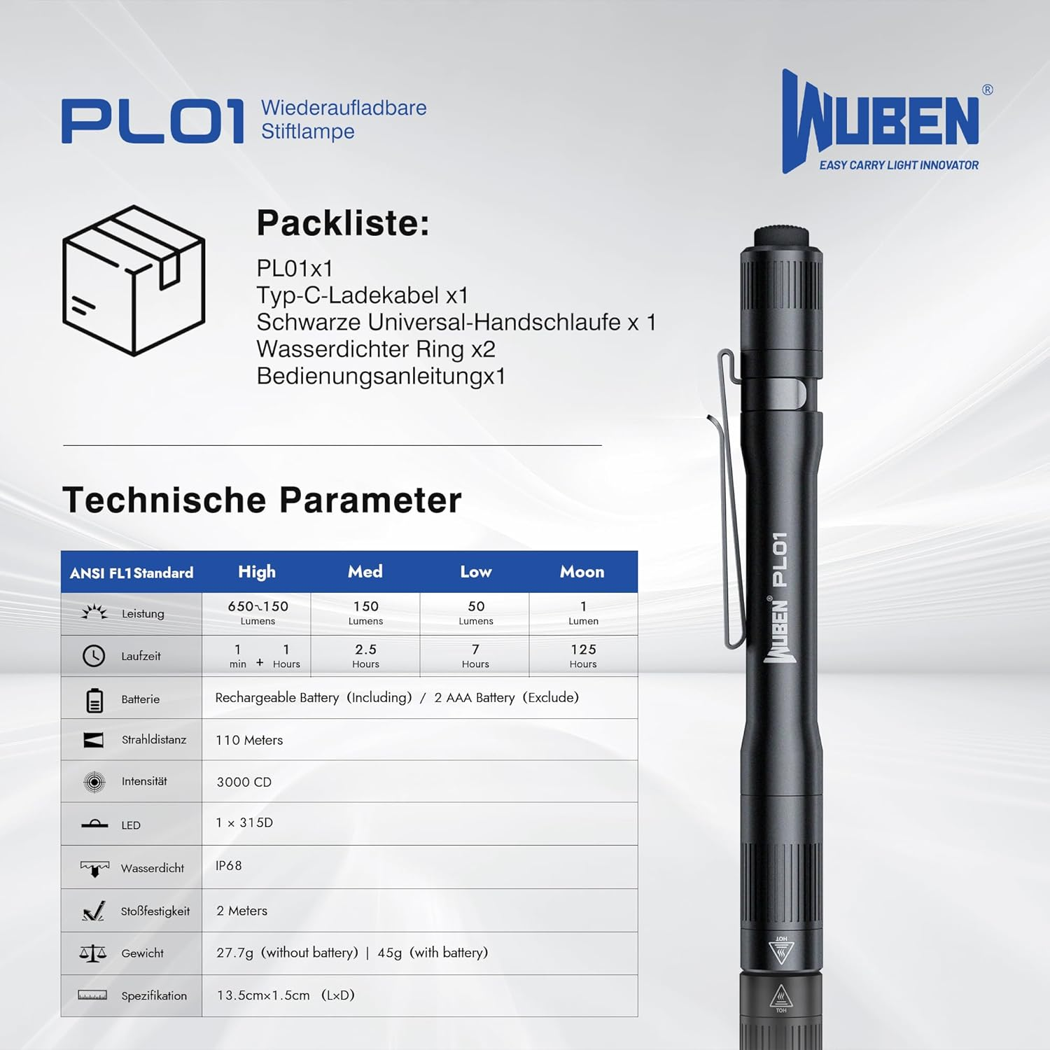 Wuben PL01 Stiftlampe mit Packliste und technischen Parametern auf weißem Hintergrund.
