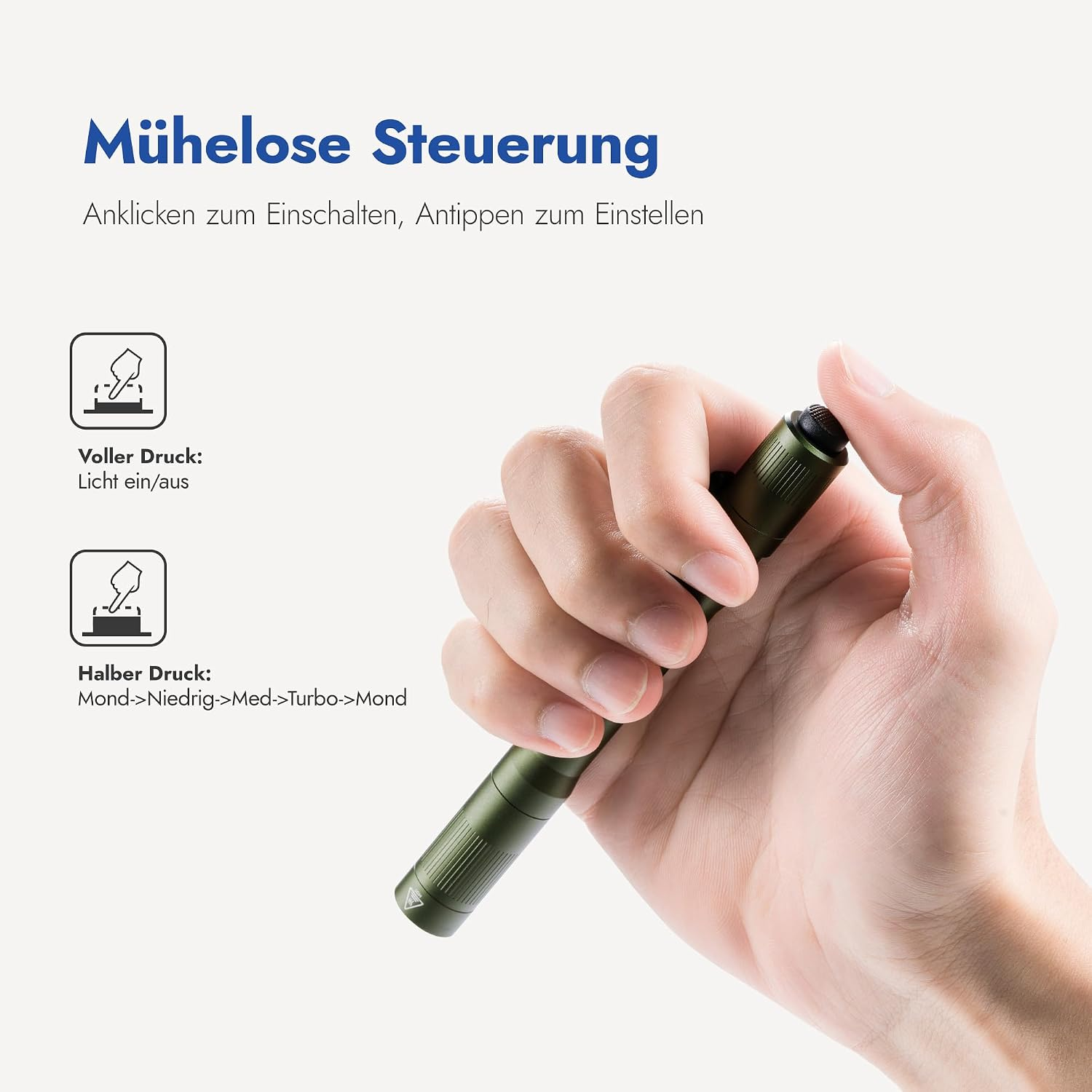 Hand hält grüne Taschenlampe mit Text und Grafiken zur Bedienung auf hellem Hintergrund.