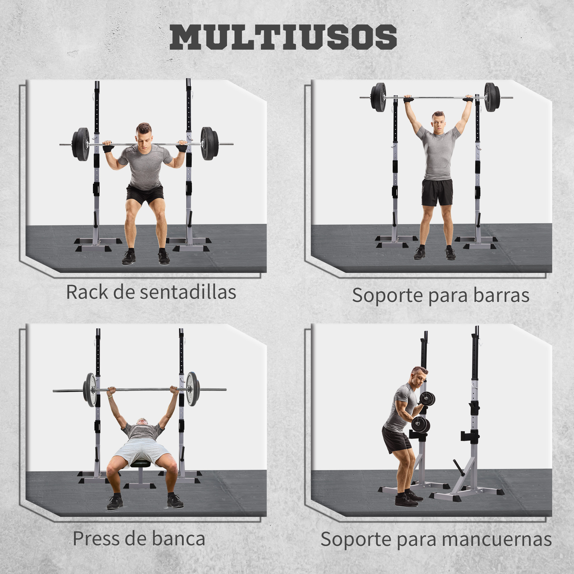 Cuatro imágenes de un hombre realizando diferentes ejercicios usando un soporte de pesas multifuncional.