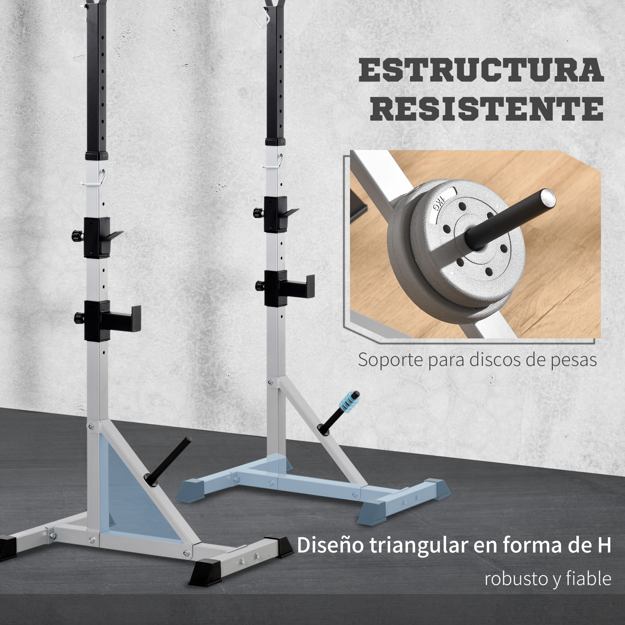 Soportes de sentadillas robustos con soporte para discos de pesas integrado y texto.
