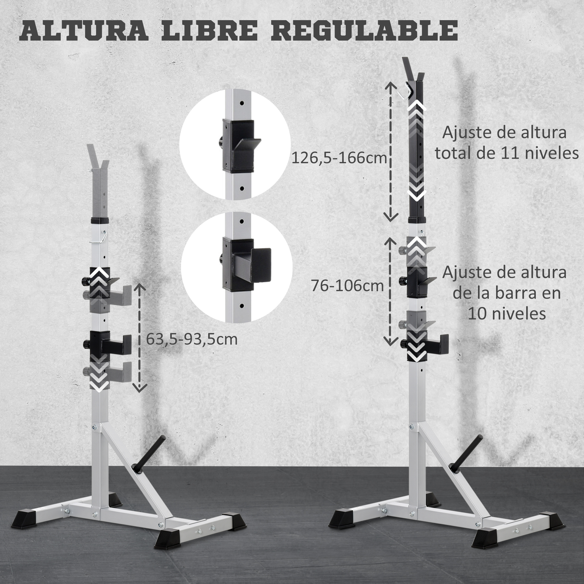 Soportes para barra ajustables con medidas de altura y primeros planos de los mecanismos.
