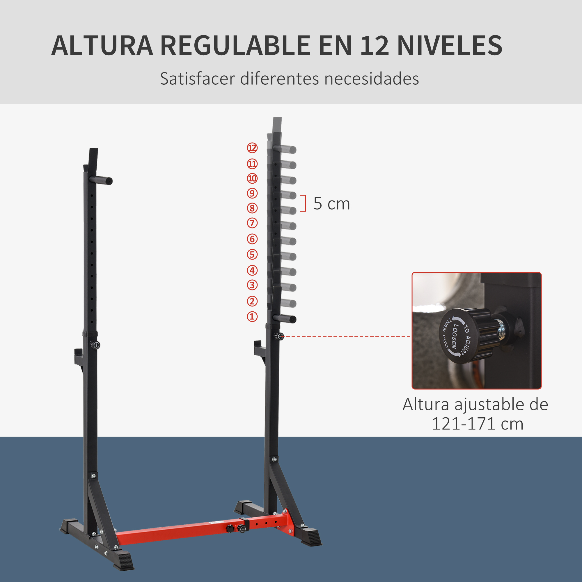 Soporte de barra ajustable con 12 niveles de altura de 121 a 171 cm.