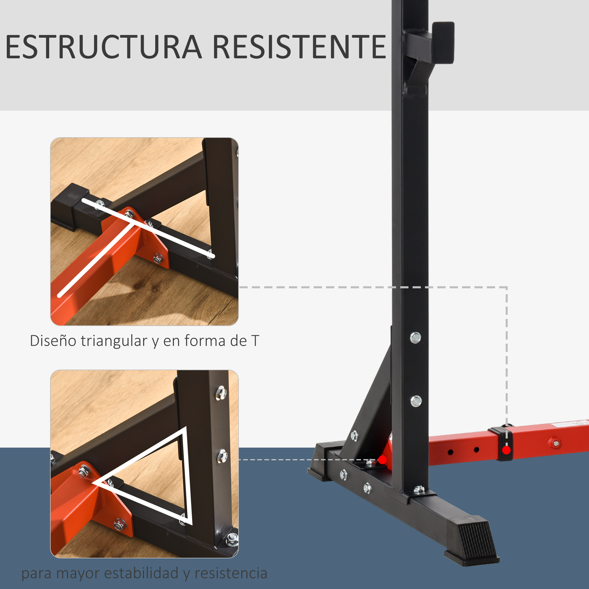 Estructura resistente con diseño triangular y en forma de T para mayor estabilidad.
