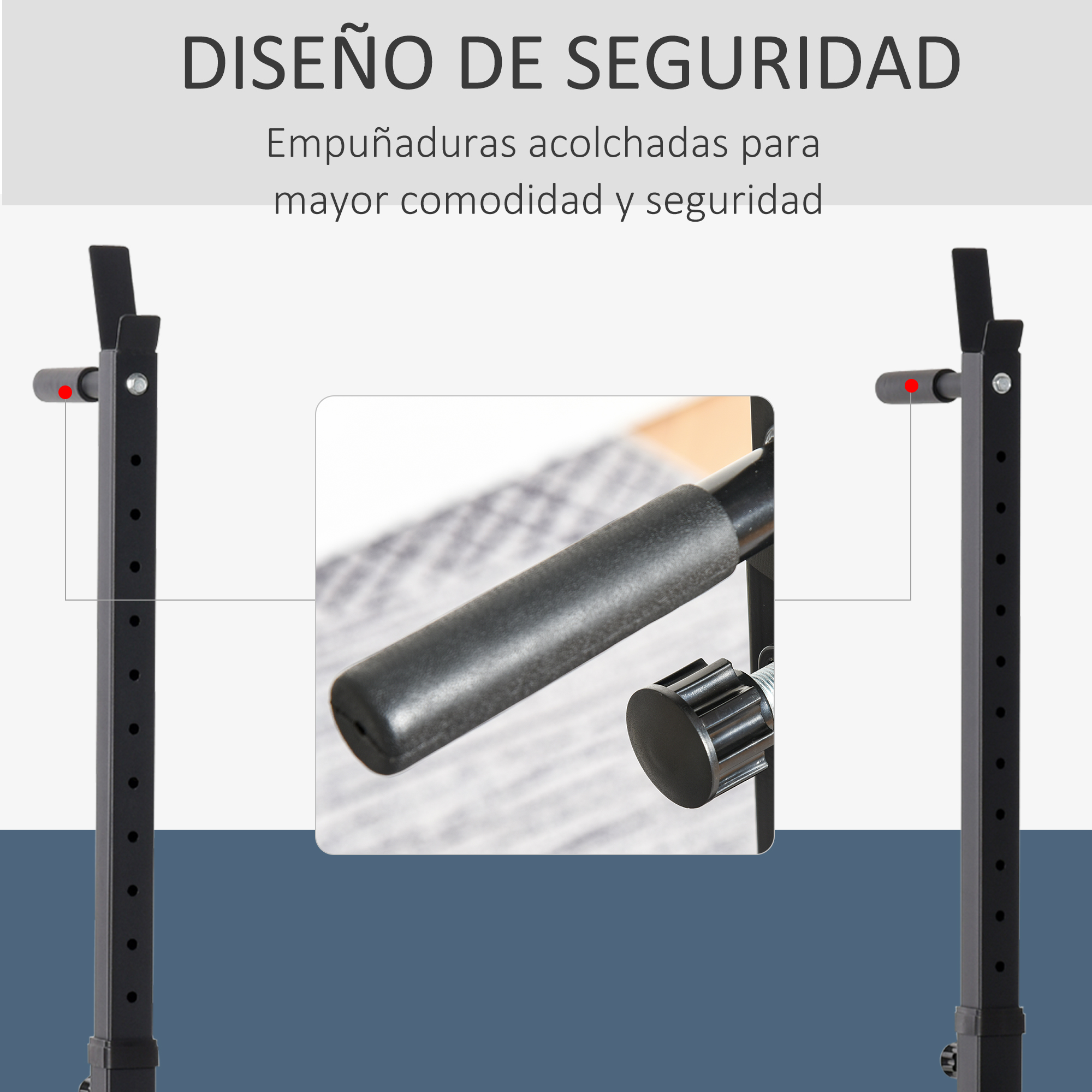 Diseño de seguridad con empuñaduras acolchadas para mayor comodidad.
