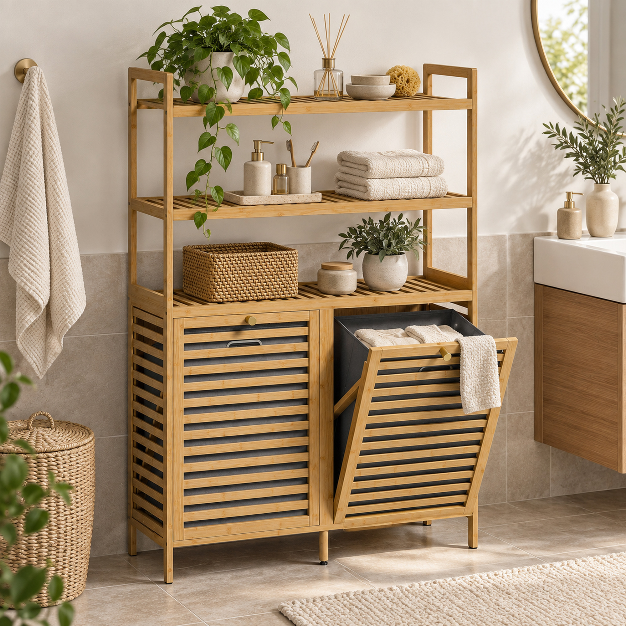 Una estantería de madera con baldas y cestos para la ropa en un baño luminoso.