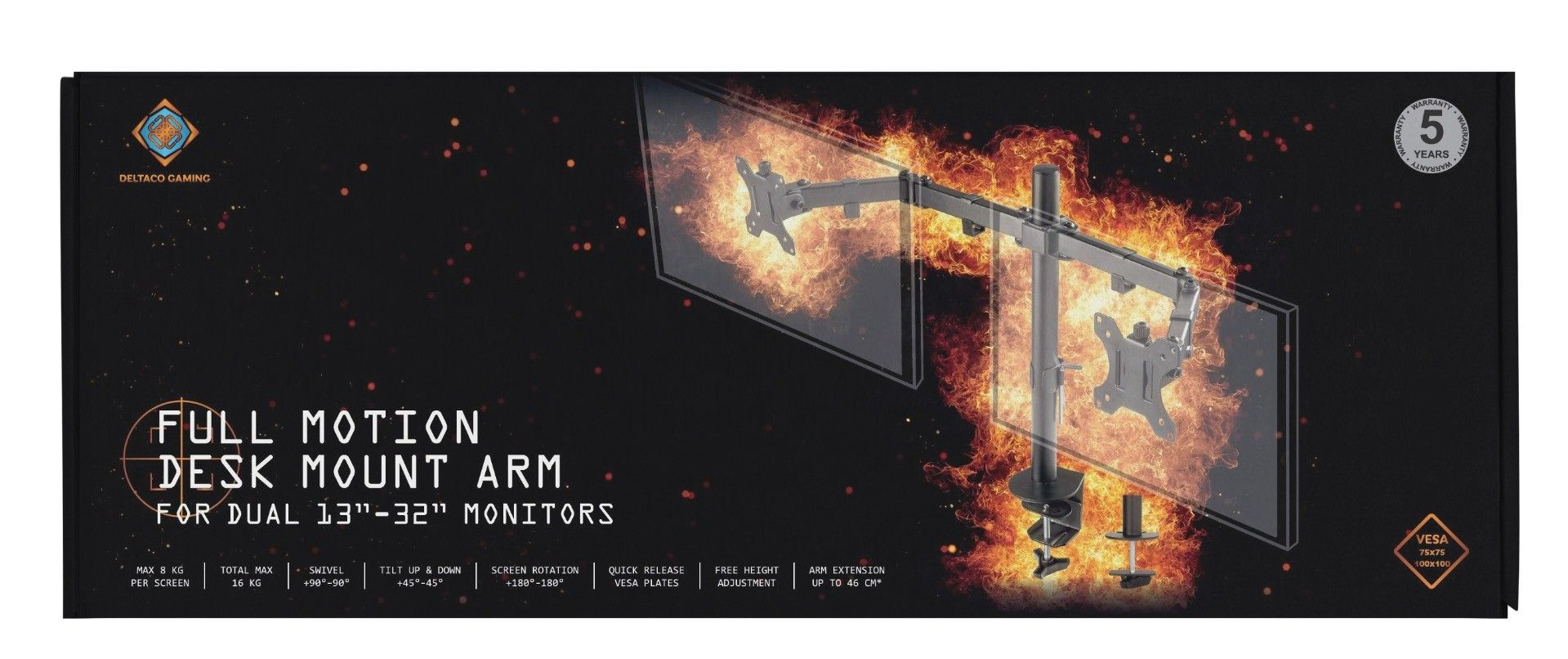 Eine schwarze Schachtel für einen Monitor-Tischhalter mit Flammen und Produktspezifikationen.