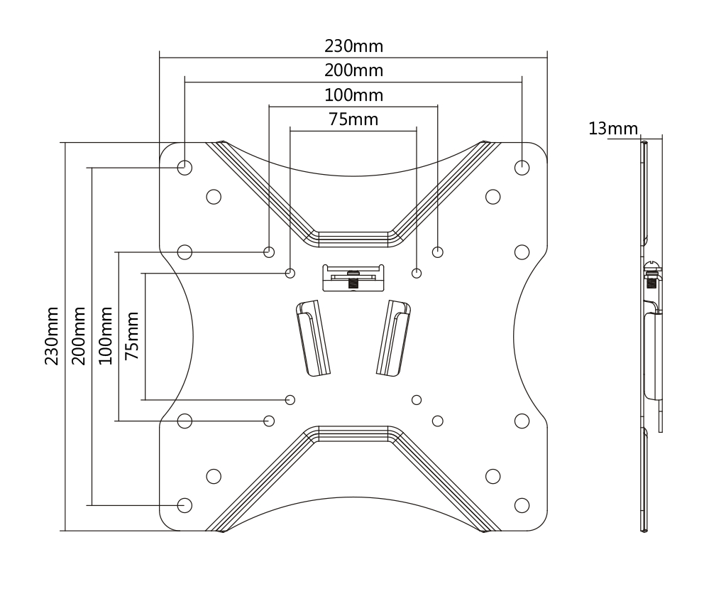 Technische Zeichnung einer VESA-Halterung mit Maßen von 75mm bis 230mm für Breite, Höhe und Tiefe.
