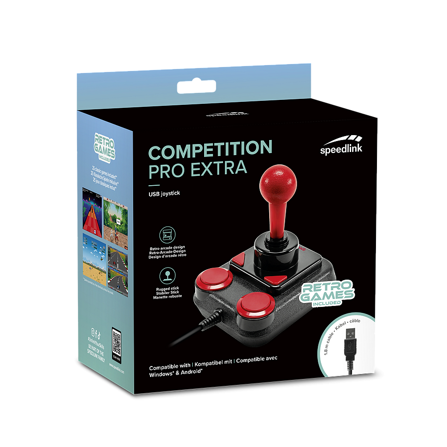 Produktverpackung eines schwarzen USB-Joysticks mit rotem Balltop und roten Tasten.